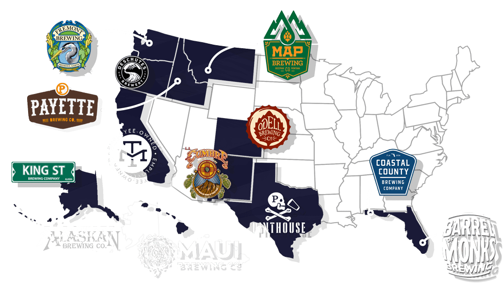 Map of breweries around the United States Cascade floors has worked with